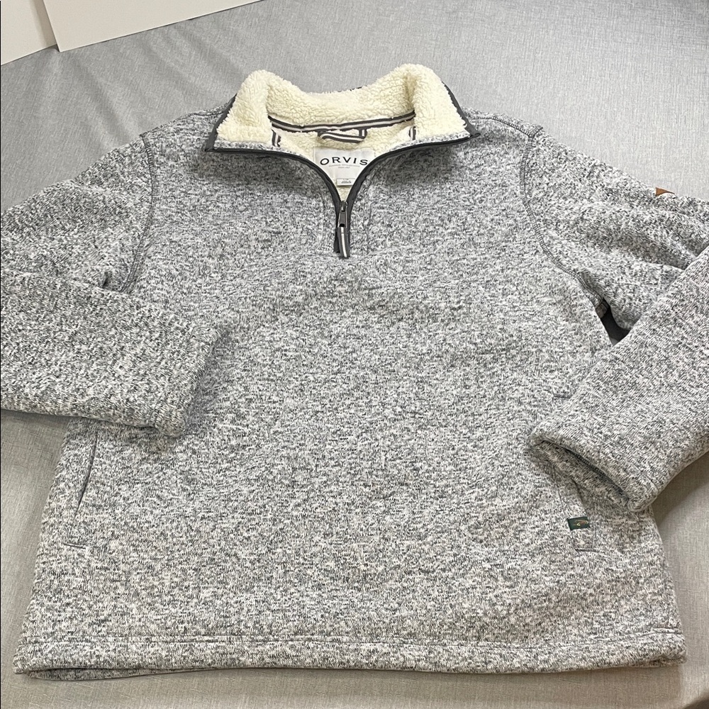 Orvis Men's Heathered Gray Quarter Zip Sherpa Lined Sweater Large Cozy